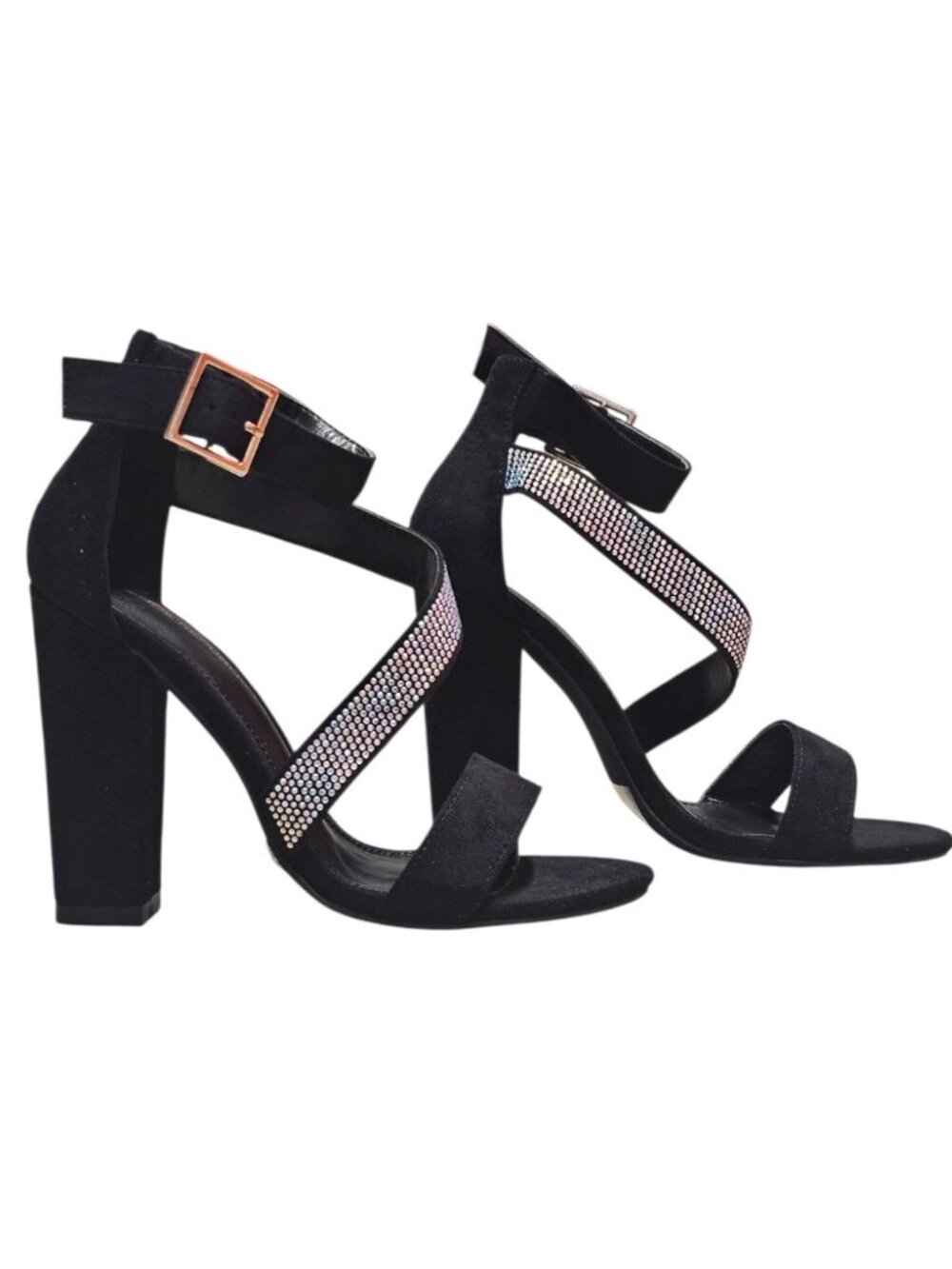 Black Block Heel Sandals With Rhinestone Straps & Adjustable Buckle - Womens Dre